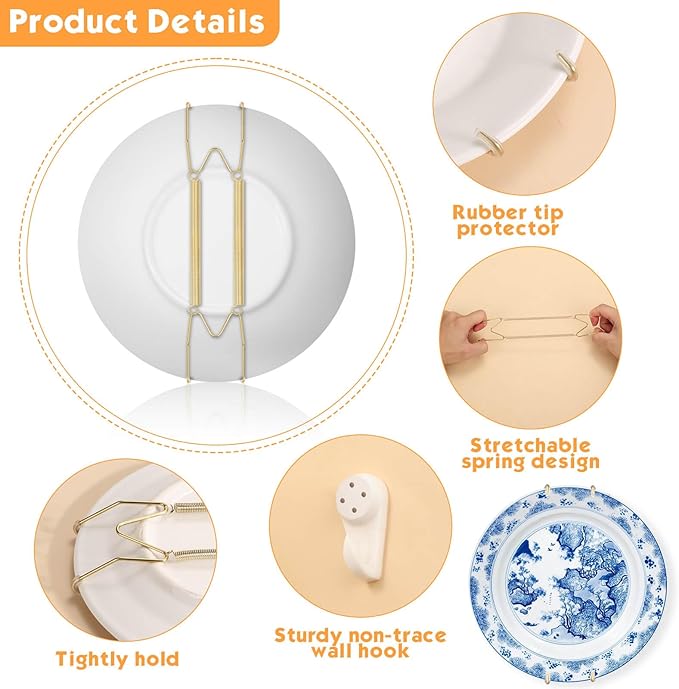 24 pcs Plate Hangers for The Wall, 4/6/8/10/12 Inch Invisible Decorative Wall Plate Hangers, Stainless Steel Plates Walls Hanger for Display Various Sizes with Hooks for Decorative