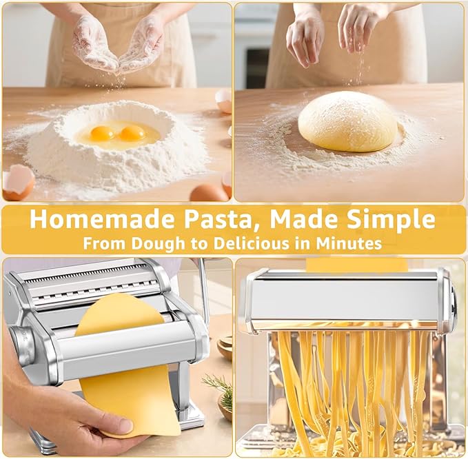 Pasta Maker with 7 Thickness Settings Roller, 2-in-1 Cutter, Hand Crank and Table Clamp, Stainless Steel Manual Pasta Machine for Spaghetti, Fettuccine, Lasagna, Ravioli