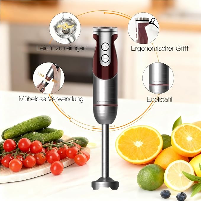 MegaWise 3-in-1 Hand Blender Set with Variable Speed Control, 400W Immersion Blender - Includes Whisk, Milk Frother, Chopper, and Beaker for Smoothies, Soups, and Baby Food (RED)