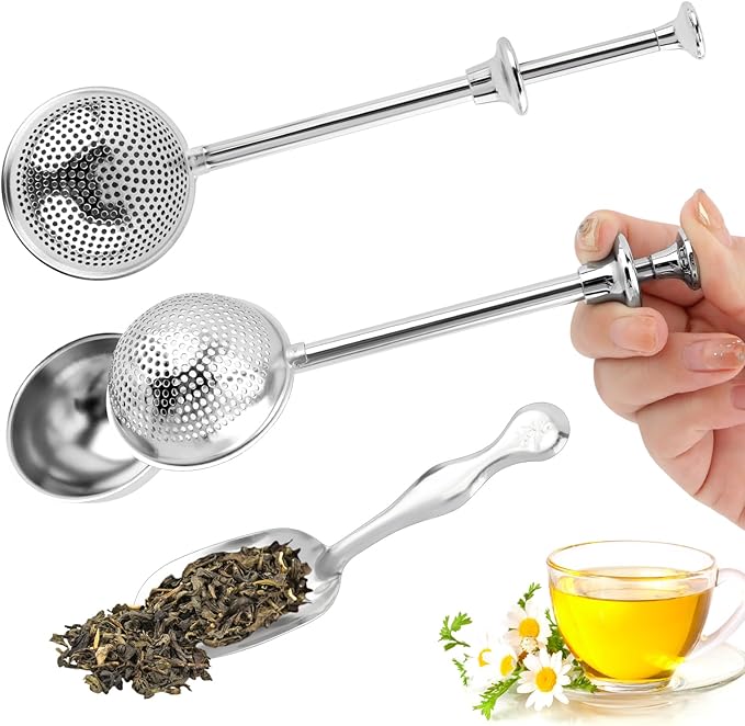 2pcs Tea Infuser with Spoon, Stainless Steel Fine Mesh Ball Filter with Handle and Spoon Loose Leaf Tea Infuser (Sliver)