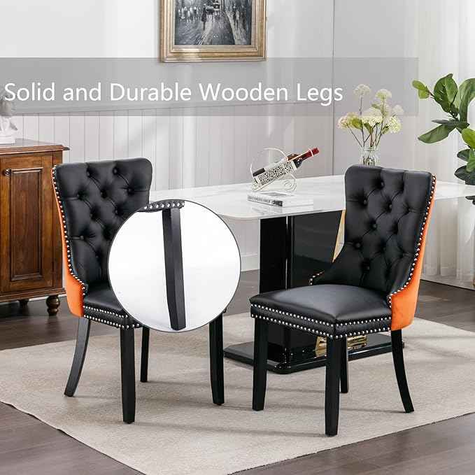 Dining Chairs Set of 6, Upholstered Dining Room Chairs with Back Ring Pull Trim and Solid Wood Legs, Modern Tufted Kitchen Chairs Perfect for Dining Room, Black Pu Leather Splicing Orange Velvet
