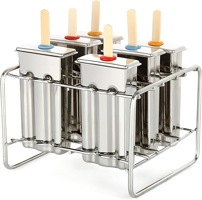 Stainless Steel Popsicle Molds, Set of 6 Ice Cream Maker, Ice Pop Molds With Holder, Metal Reusable Homemade Popsicle Molds with Sticks and Bags (Flat Head, with Slot)