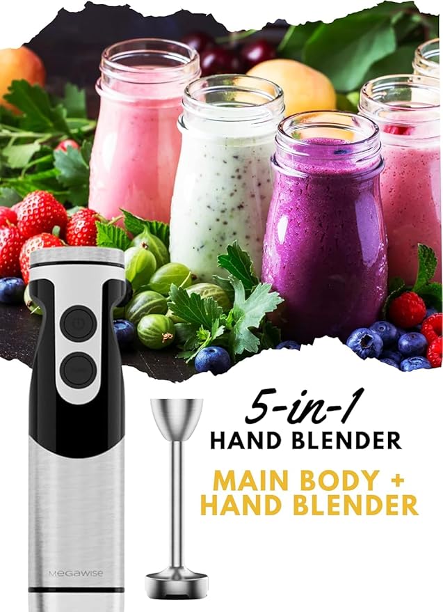 MegaWise Pro Titanium Reinforced 5-in-1 Immersion Hand Blender, Powerful Motor with 80% Sharper Blades, 12-Speed Corded Blender (Black)