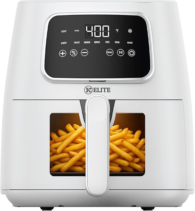 Kitchen Elite 5.5 Qt. Digital Air Fryer, Countertop Cooker with LED Screen, Presets for Air Fry, Roast, Dehydrate, Defrost and Reheat, White