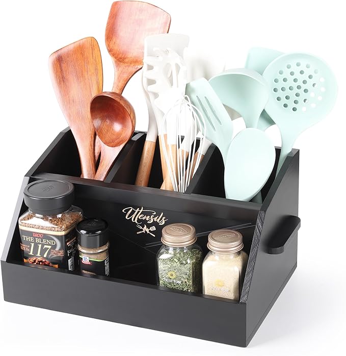 Innovation Kitchen Utensil Holder for Countertop with 4 Compartments, Wood Utensil Organizer for Cooking Tools, Black (Utensil Not Included)