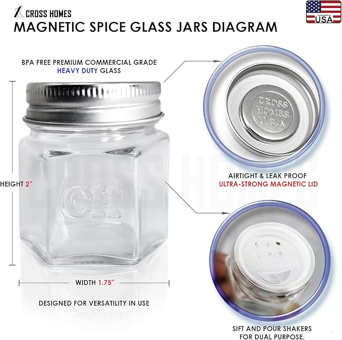 20 Pack Magnetic Spice Jars for Refrigerator, Hexagon Glass Magnetic Spice Jar with Shaker Lids Label for Kitchen RV Travel Trailer Boat, Magnet Seasoning Containers for Fridge Cabinet Wall mount Rack