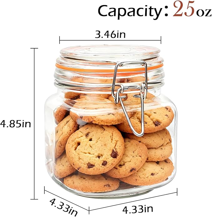 25 oz Glass Jars With Airtight Lids And Leak Proof Rubber Gasket,Wide Mouth Mason Jars With Hinged Lids For Kitchen Canisters 750ml, Glass Storage Containers 6 Pack