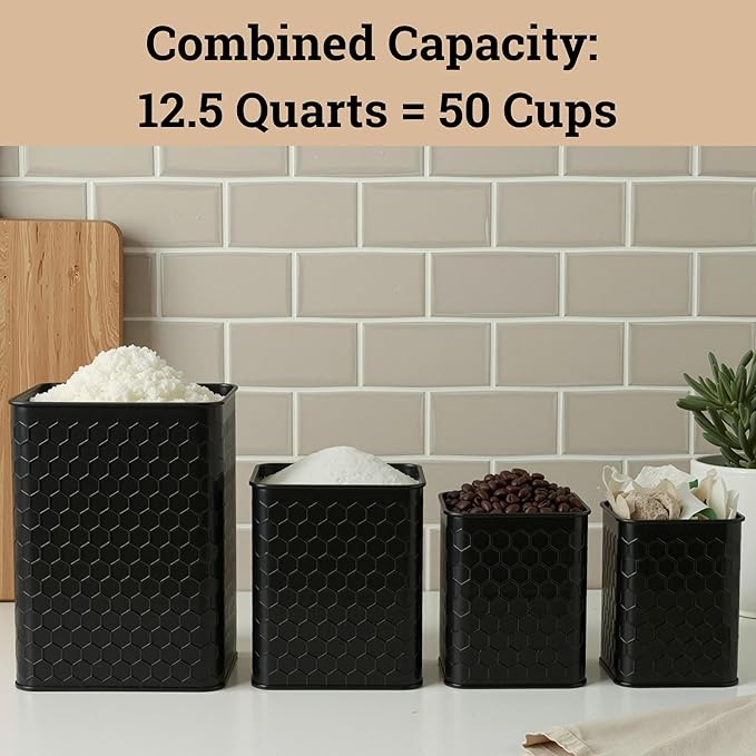 Kitchen Canisters for Countertop Set of 4 - Textured Iron Kitchen Canisters with Airtight Lids - Flour Sugar Canister Set - Flour and Sugar Containers Farmhouse - Coffee Jar for Counter - Black Jar x4