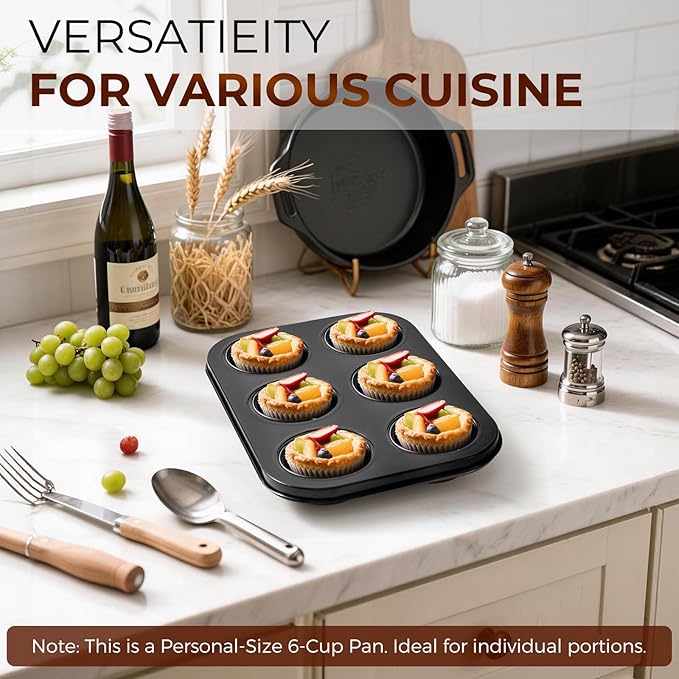 Muffin Pan 2-Pack, 6-Cup Cupcake Pans and Muffin Tins with Nonstick Coating, 10.43"x7.28"x1.1" with 2.56" Cups, for Muffins, Cupcakes, Brownies, Cheesecake, Carbon Steel, Easy Clean, Oven Safe