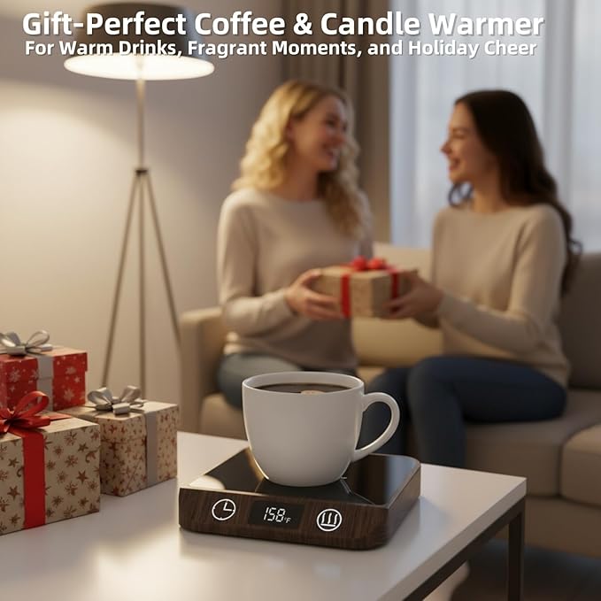 Coffee Mug Warmer & Candle Warmer 46W Electric Cup Warmer for Desk - Smart Digital Display 6 Heat Settings Timer Auto Shut-Off Work from Home Office Gift (Wood)