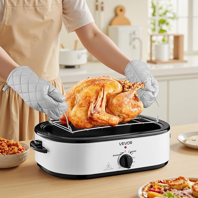 VEVOR Roaster Oven, 18QT Electric Roaster Oven, 150-450℉ Adjustable Temperature Electric Roasting Pan, Multifunctional Electric Roasters with Self-Basting Lid, Removable Pan and Rack for Holiday