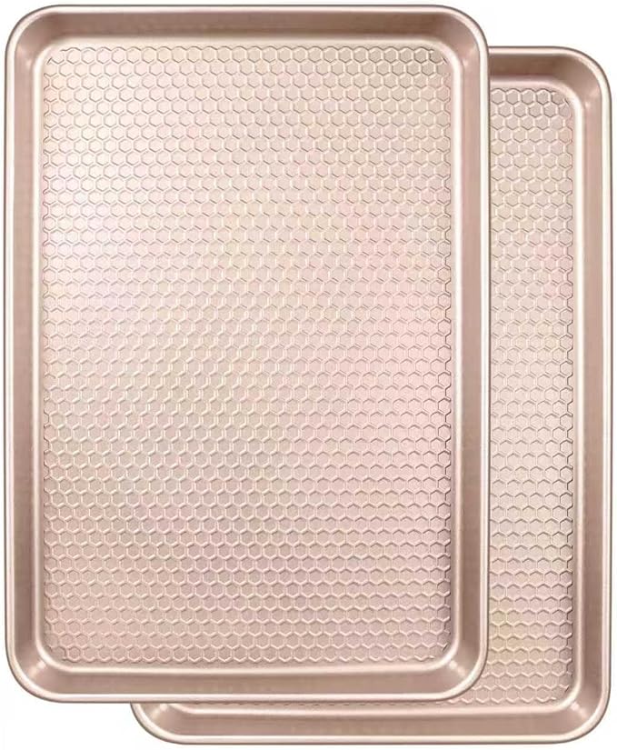 Wildone Baking Sheet Pan Set, Honeycomb Embossed Nonstick Baking Sheet 15x10 In, Thicker Carbon Steel Cookie Sheet, Even Heating Jelly Roll Pan, Rose Gold, 2 Pack