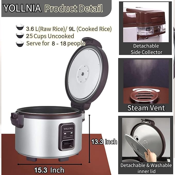 Commercial Rice Cooker & 45 Cups (Cooked) Large Cooker Rice | 8.17Qt Rice Warmer Commercial | 1200W Fast Cooking Electric Rice Cooker for Restaurant | Auto Keep Warm | Non-Stick Inner Pot