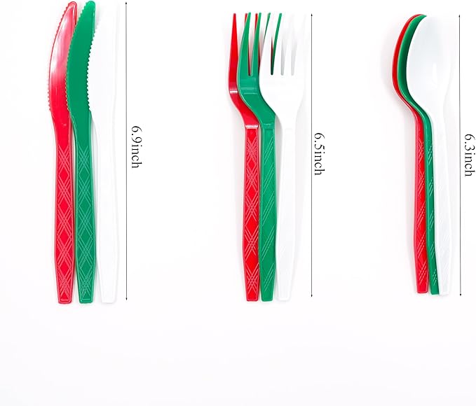 360-Piece Christmas Plastic Tableware Set, Disposable Heavy Tableware Set, Including 120 Red, Green and White Knives and Spoons, Christmas Party Supplies