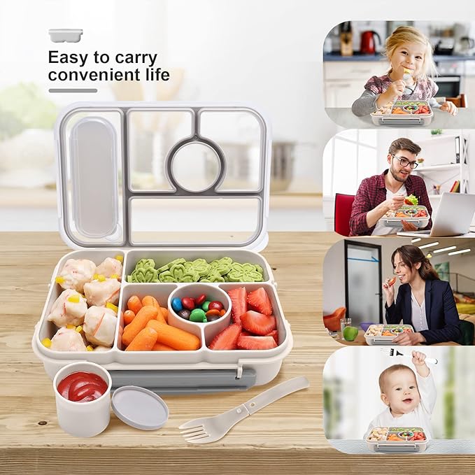 Amathley Bento Box Adult Lunch Box Kids,Lunch Containers for Adults/Kids/Toddler,5 Compartments Bento Lunch Box with Sauce Vontainers,Microwave & Dishwasher & Freezer Safe,BPA-Free (White)
