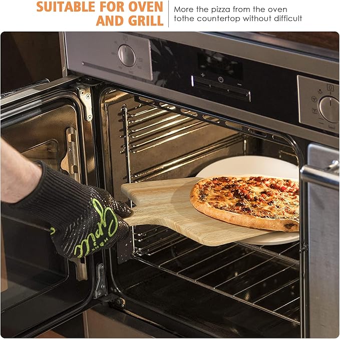 5 PCS Round Pizza Stone Set, 13" Pizza Stone for Oven and Grill with Pizza Peel(OAK),Serving Rack, Pizza Cutter & 10pcs Cooking Paper for Free, Baking Stone for Pizza, Bread (Pack of 2)