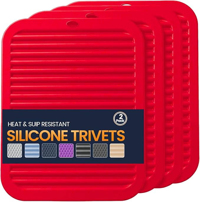 Silicone Trivet Mats 4 Heat Resistant Pot Holders Multipurpose Non-Slip Hot Pads for Kitchen Potholders, Drying mat, Jar Opener, Spoon Holder, Coaster.(Crimson red)