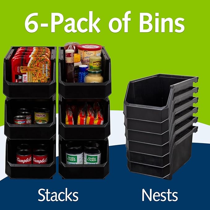 Plastic Containers for Organizing and Storage Bins for Closet, Kitchen, Office, Garage or Pantry Organization, Stackable Bins, Large (14.8" x 8" x 7"), 6-Pack, Black