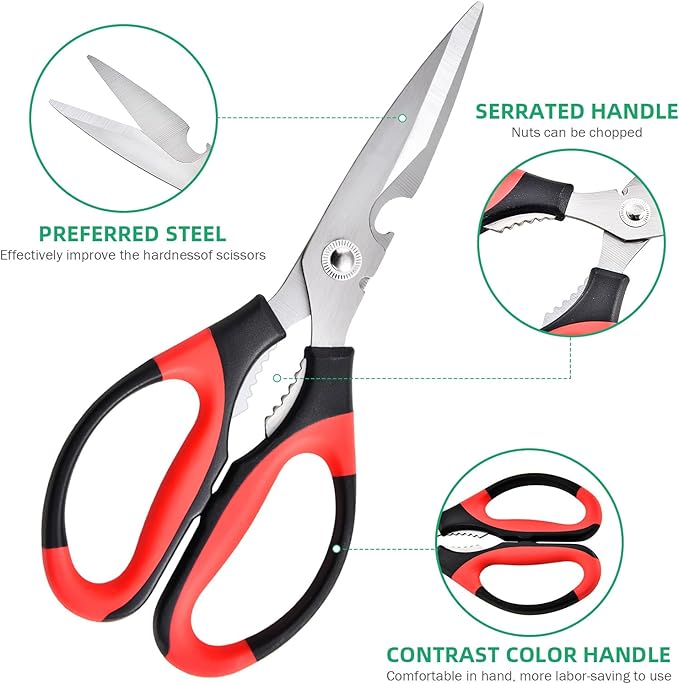 Multipurpose kitchen scissors, heavy duty meat poultry scissors, spice scissors, food cooking scissors, stainless steel utility scissors (1, red)