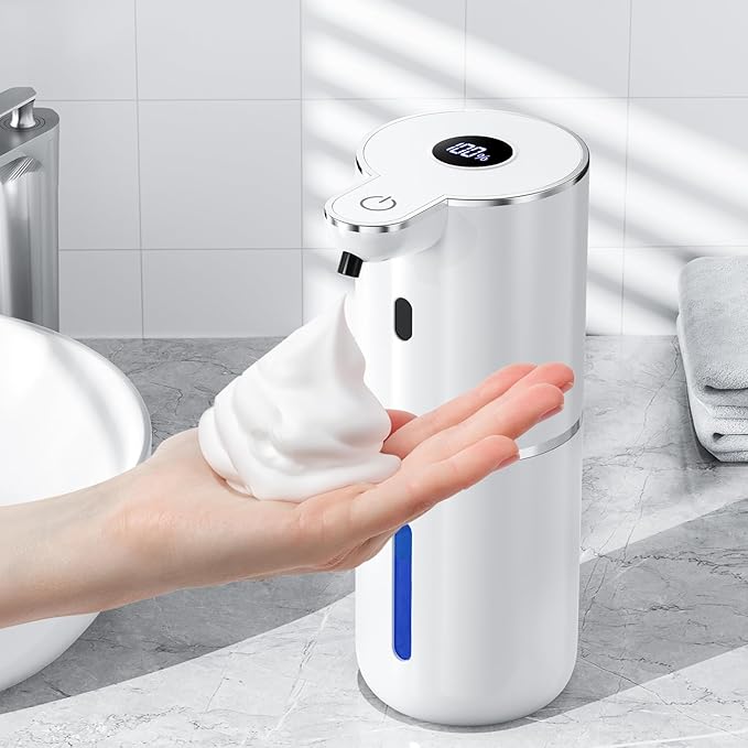 Automatic Foaming Soap Dispenser Touchless, Rechargeable Electric Hand ＆ Dish Soap Dispenser for Bathroom and Kitchen - Smart Digital Display, 6 Adjustable Level, 380ml, Wall Mounted, IPX5