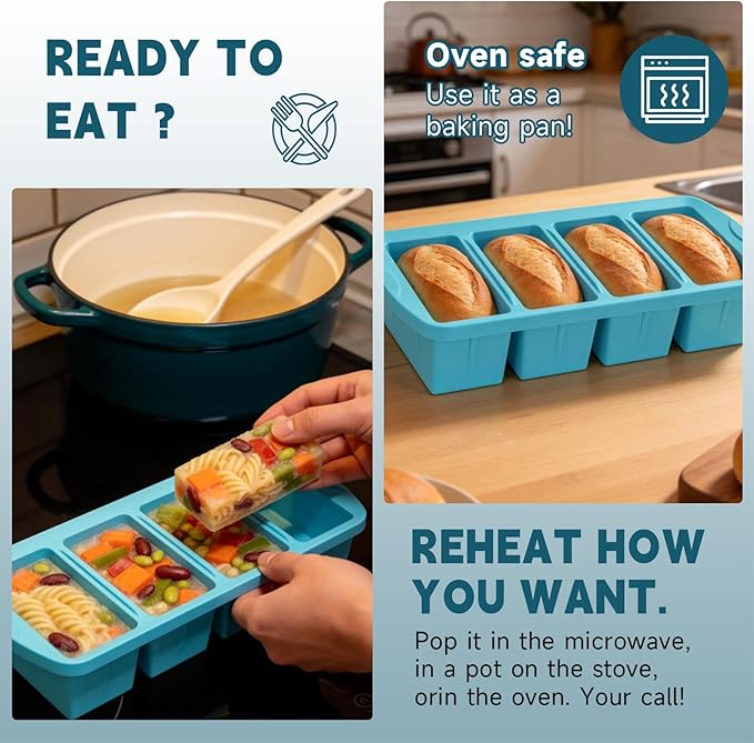 4-Pack Silicone Freezer Trays with Lid & 20 Bags - Multi-Size 1-Cup & 2-Cup Portions, Food-Grade Silicone Freezer Molds for Soup & Meal Prep - Freezer Storage Containers, Oven & Dishwasher Safe - Blue