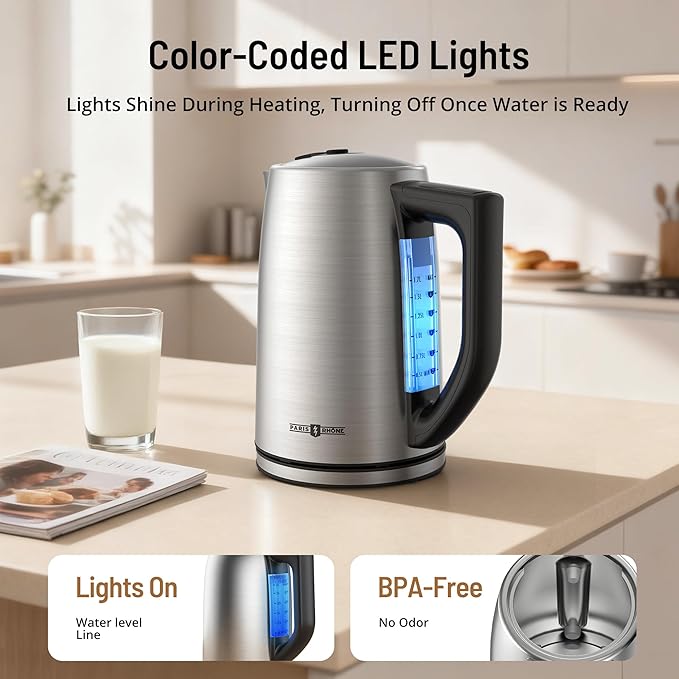 PARIS RHÔNE Electric Kettle with 6 Precise Temperature Presets, 1.7L Stainless Steel Tea Kettle for Oolong & Green Tea, 1500W Fast Boil Coffee Kettle with Strix Control & Keep Warm, Silver