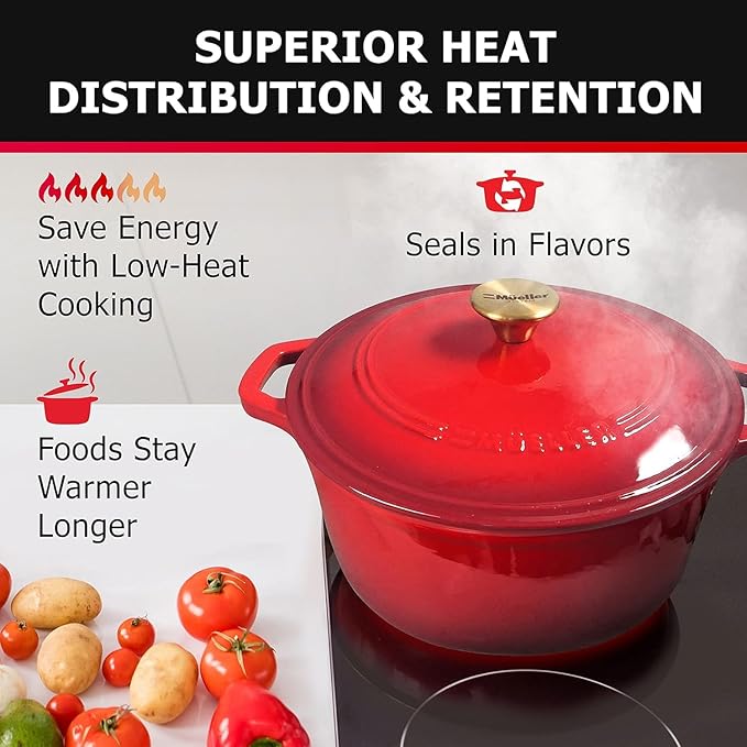 MUELLER HOME 7.5 QT Enameled Cast Iron Dutch Oven, Heavy-Duty Casserole Dish and Braiser Pan with Lid and Stainless Knob, Oven-Safe up to 500° F & Across All Cooktops, Red