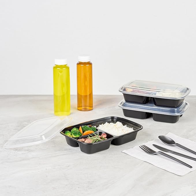Restaurantware Asporto 26 Ounce Compartment Take Out Boxes 100 Microwavable Meal Prep Containers - 3 Compartments With Clear Plastic Lids Black Plastic Food Containers Do Not Contain BPA
