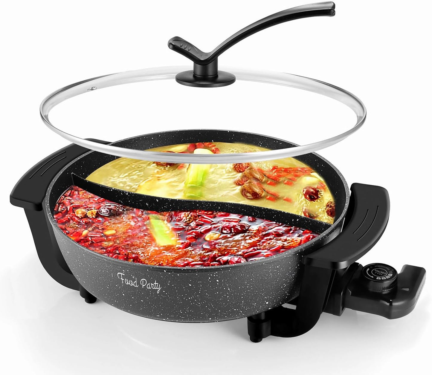 Food Party Electric Hot Pot with Divider Hotpot Pot Electric Hopot Cooker Shabu Shabu Pot 110V 1200W Non-Stick 6-Quart BPA FREE Fondue Chinese Hot Pot