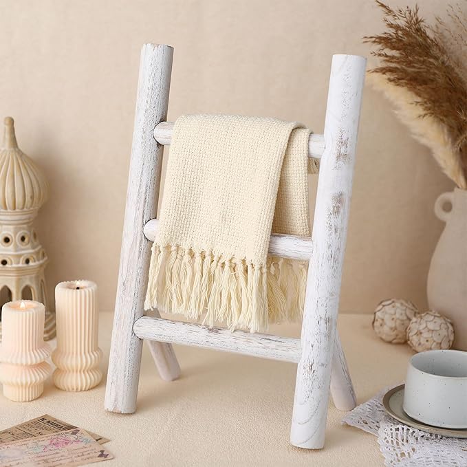 Cinnvoice 2 Pcs Wooden Tea Towel Ladder Rustic Hand Towel Stand Rack Mini Countertop Towel Stand Farmhouse Wood Counter Towel Holder for Bathroom Country Kitchen Office (White)