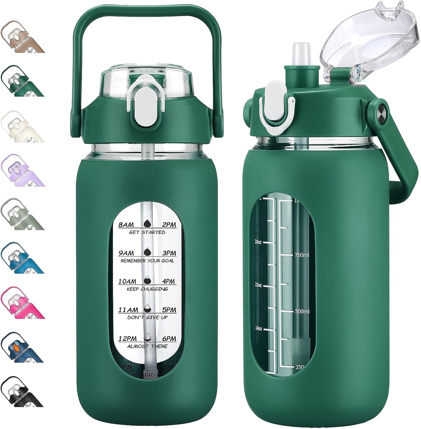 kytffu 42oz Glass Water Bottles with Straw, Motivational Glass Bottle with Silicone Sleeve and Time Marker, Leakproof Large Glass Water Jug for Gym Home Office, Ink green