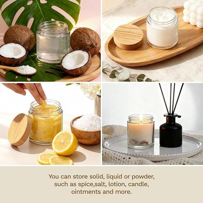 24Pcs 4 oz Small Glass Jars with Lids, Bumobum Clear Cosmetic Jars with Plastic Woodgrain Lids, 120ml Refillable Empty Containers for Cream, Salve, Powders and Lotion Storage