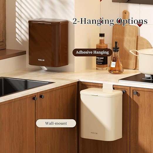 Space Saving Hanging Small Trash Can for Kitchen Cabinet, Bathroom or Office (White，2.1 Gallon (8L))