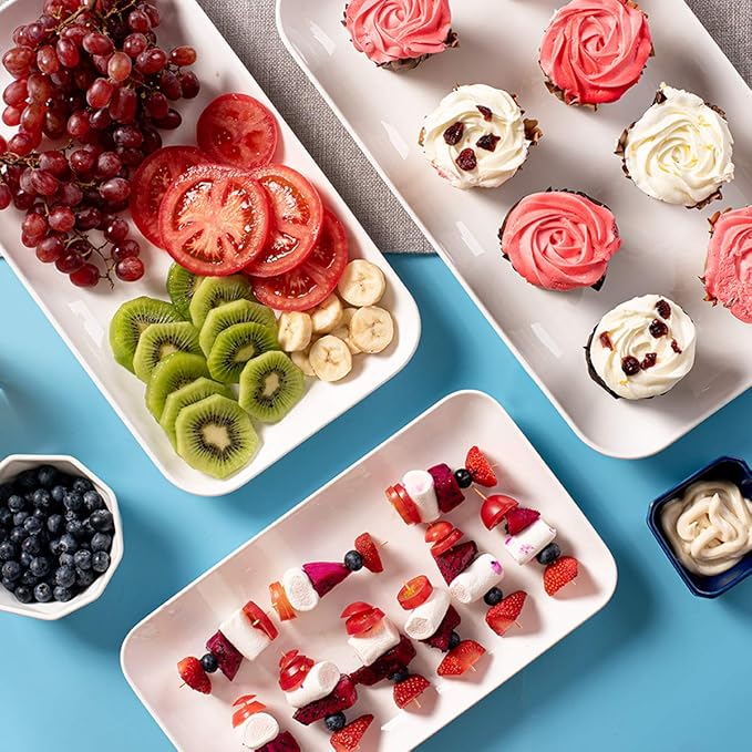 DELLING Large Serving Platter Set of 3, 16/14/12 Inch Porcelain Serving Trays for Party - White Ceramic Rectangular Platters for Entertaining, Appetizer Fruit Tray for Mother's Day Shower Dinner