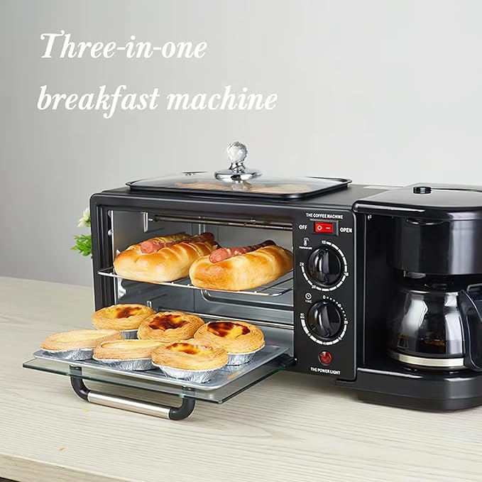 9L, 3-in-1 multifunctional home breakfast machine, mini oven, coffee machine, with timer，visible window (Black)