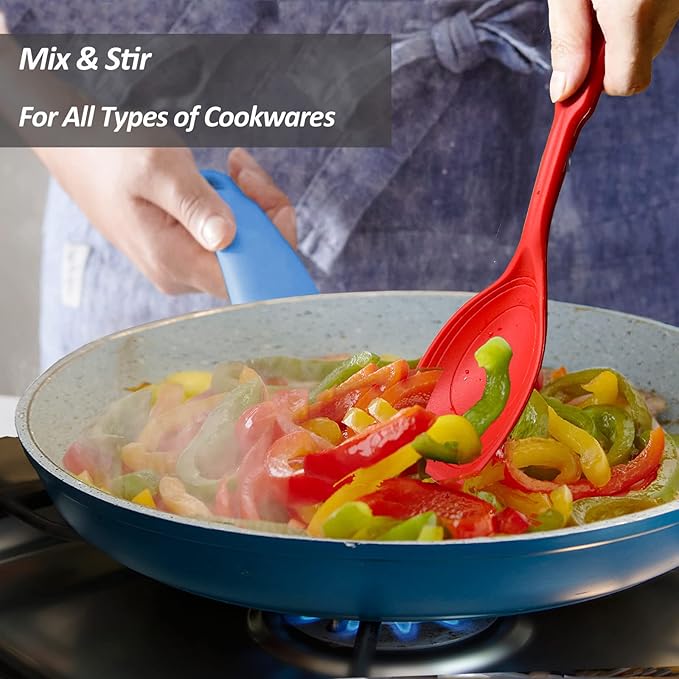 Large Silicone Cooking Spoon, Non-Stick Solid Spoon set with Deep Bolw and Measurement Mark for Mixing, Serving, Draining, Scooping, Scraping, Heat Resistant Kitchen Utensils, Red