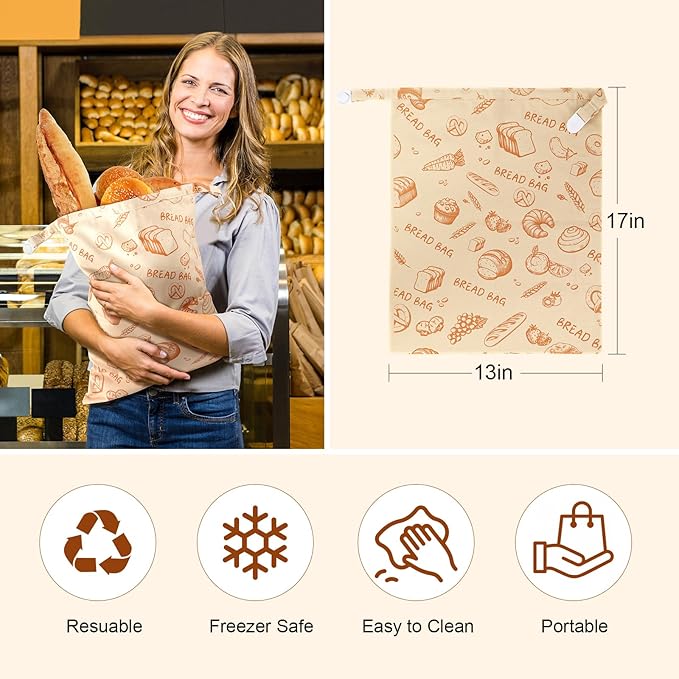 Sourdough bread Bags for Homemade Bread-2 Pack XL Reusable Beeswax Bread Bags for Homemade Bread Freezer & Refrigerator 17"×13" Natural Beeswax-Lined Organic Cotton Food Storage Bags to Keep Fresh
