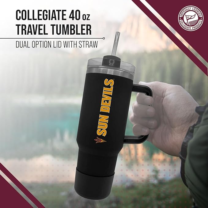 Campus Colors College & University 40 oz Travel Tumbler With Handle - Dual Option Lid With Straw - Vacuum Insulated Stainless Steel (Arizona State Sun Devils - Black)