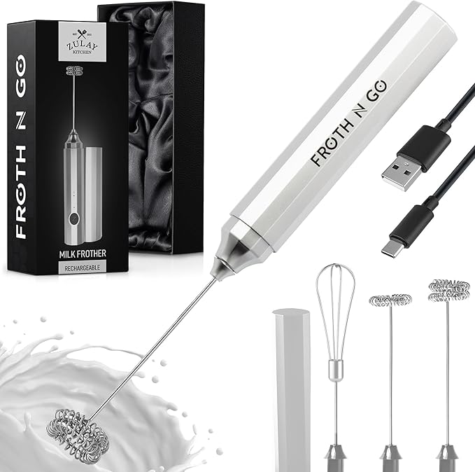 Zulay Froth N Go Milk Frother – Rechargeable 3-in-1 Handheld Frother Wand with Travel Case & USB-C Charger – Single, Double & Egg Whisk for Latte, Cappuccino, Matcha, Protein Shakes – Silver