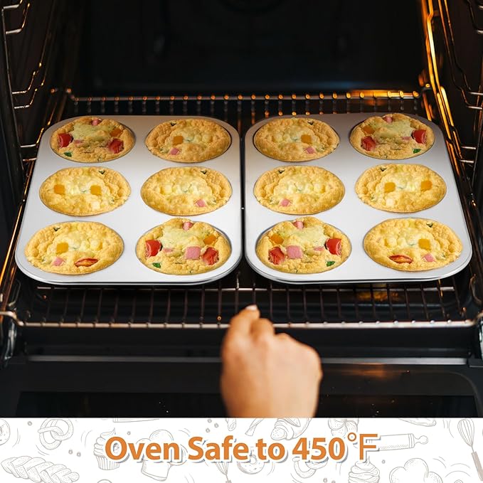 E-far Muffin Top Pan Set of 2, Stainless Steel 6-Cavity Shallow Cupcake Pan for Baking Whoopie Pie, Yorkshire Pudding, Eggs, Cornbread, Drop Cookies, Non-toxic & Standard Size, Oven & Dishwasher Safe