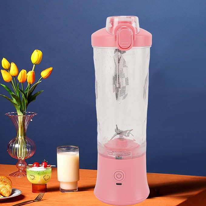 600ml Portable Blender 150W 18000RPM USB Rechargeable 4000mAh 2 Modes Mix & Pulse Mini Juicer Cup with Leak Proof Lid White Pink (Pink)