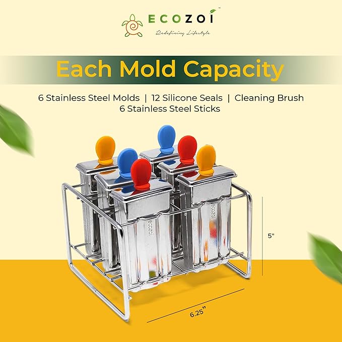 Ecozoi Stainless Steel Popsicle Molds – Reusable Metal Paleta Maker Set with 6 Molds, 6 Sticks, 12 Silicone Seals & Cleaning Brush – Easy Release Ice Pop Maker for Kids & Adults, 3 oz Each