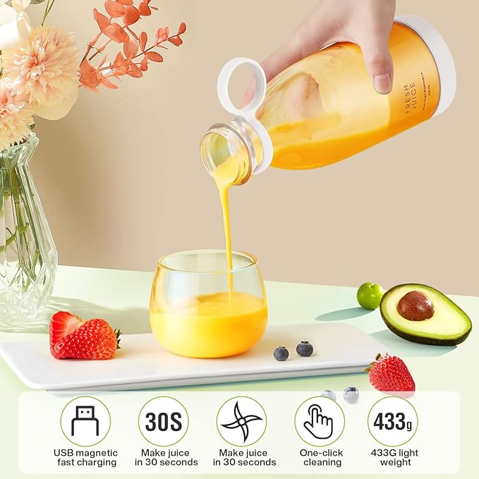Portable Blender,Fashion Portable Blender for Shakes and Smoothies 11.8 Oz,Magnetic USB Fast Charging Mini Mixer Bottle,Take It for Traveling, Outdoor, Gym, Office, Cars, Gift -WH