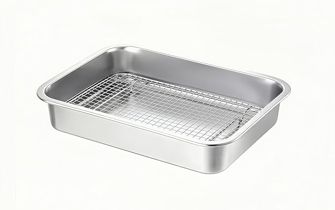 Stainless Steel Sturdy Roasting Pan with Cooling Rack – Oven, Toaster & Grill Safe, Deep Edge, Smooth Finish, Dishwasher Safe – Perfect for Turkey, Chicken, BBQ (14x10.4x2.8in)