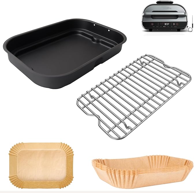 Non-Stick Griddle Pan, Stainless Steel Rack and Air Fryer Liners for Ninja FG551 Smart XL 6-in-1 Indoor Grill, Parts for Ninja Air Fryer Accessories with Disposable Parchment Paper, 100 Packs