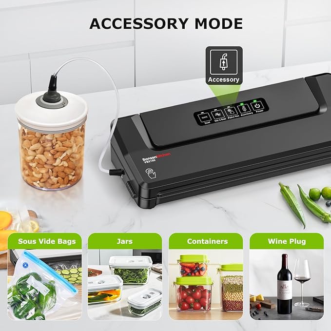 Bonsenkitchen Vacuum Sealer Machine with 40 Bags | Compact Food Sealer for Kitchen Storage & Meal Prep | Multiple Modes | External Vacuum System, Black