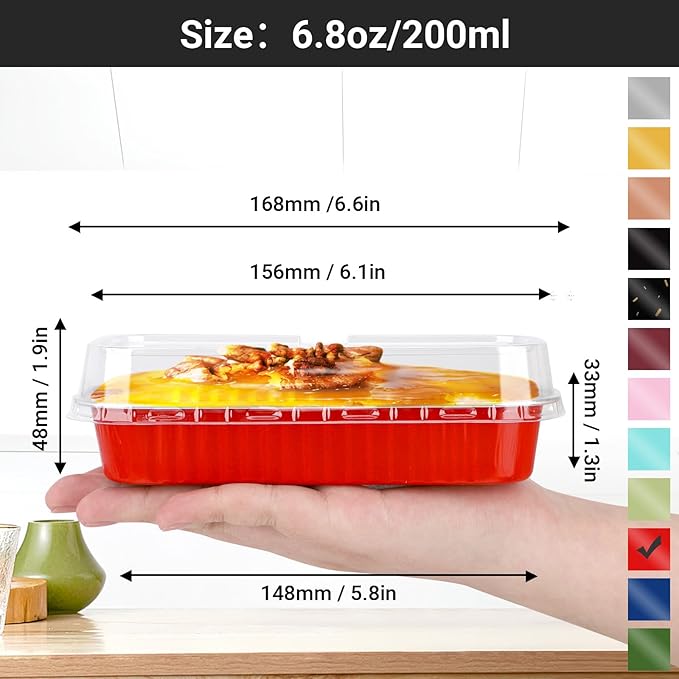 EUSOAR Disposable Ramekins with Lids, 50pcs 6.8oz 6.5"x2.5"x1.2" Aluminum Foil Baking Cups Mini Loaf Pan Tin，Rectangle Cupcake Containers Wrappers, Dessert Cheesecake Creme Brulee Ramekins Pan