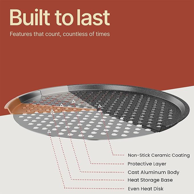 Bakken Pizza Baking Pan - Round Perforated Carbon Steel Pan with Non-Stick Marble Coating, Oversized Silicone Handle, Dishwasher Safe, High-Temperature Resistant, Durable & Easy Cleanup Gray, 1 Tray