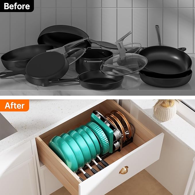 MUDEELA Expandable Pots and Pans Organizer Rack under Cabinet, Pots Lid Organizer Rack for Kitchen Cabinet Organizers and Storage with 12 Adjustable Dividers Cutting Board Holder & Anti-Scratch Strips
