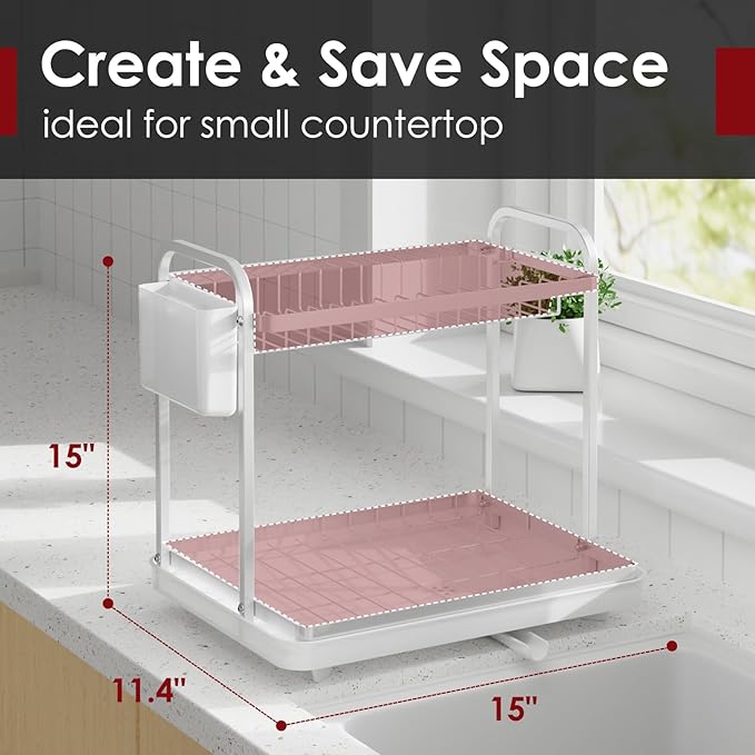 Sakugi 2-Tier Dish Drying Rack - Stainless Steel Dish Rack with Cutlery & Utensil Holders for Kitchen Counter, Sink Organization and Storage for Small Family, 15" W x 11.4" L x 15" H, White